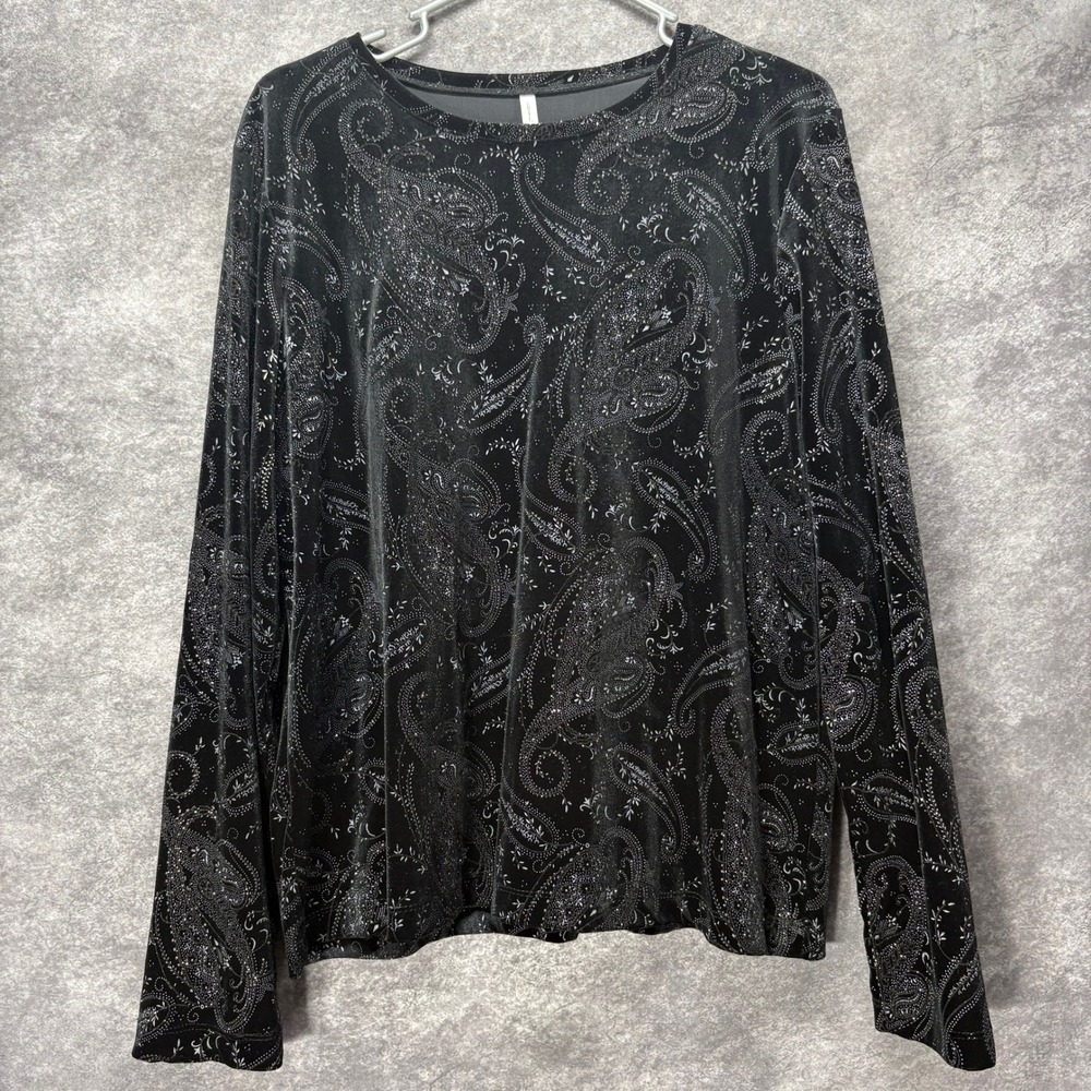 VTG White Stag Velvet Glitter Paisley Top Womens XL Black Long Sleeve Whimsigoth